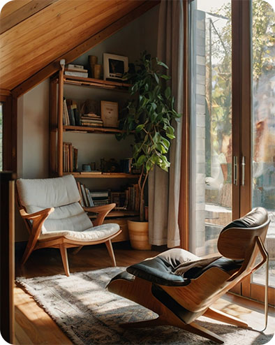 Calm reading nook with sunlight and notebook